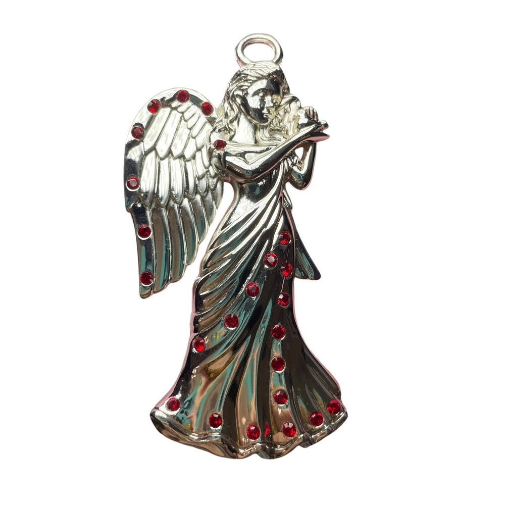 Regent Square Angel Christmas Ornament Silver Plated with Red Swarovski Crystals